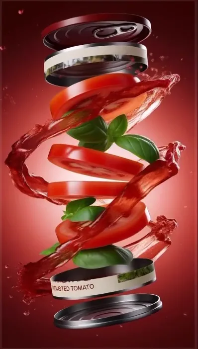 Roasted tomato, two ways, Cut B · Exploded can, frame at 00:04 (50 % through)